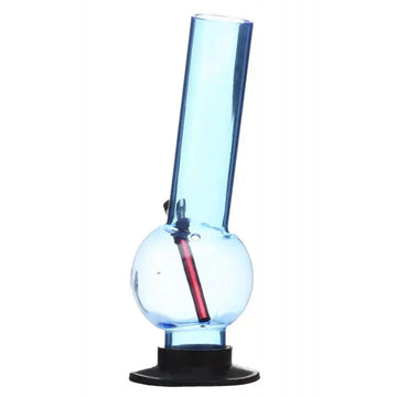 A 16 inch transparent blue color acrylic gripper bong water pipe with a black base and a red grip.
