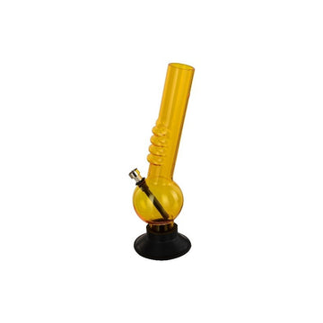 A transparent yellow acrylic bong with a single bulb and a black grip