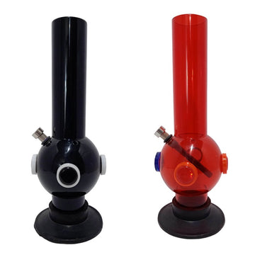 Two acrylic water bongs, one black and one red, each with a single bulb and a ring detail.
