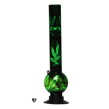 A green Moksha brand acrylic water bong with a leaf print design.