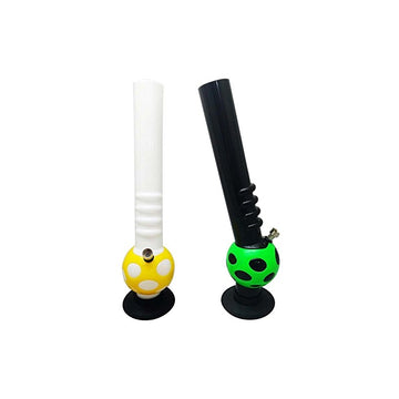 This image features two Moksha brand acrylic water bongs, designed to resemble glass but made from durable, lightweight acrylic. Each bong has a unique, colorful base with a high gloss finish, showcasing a yellow and black design on one and a green and black on another.