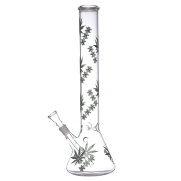 Glass bong with cannabis leaf design on a white background