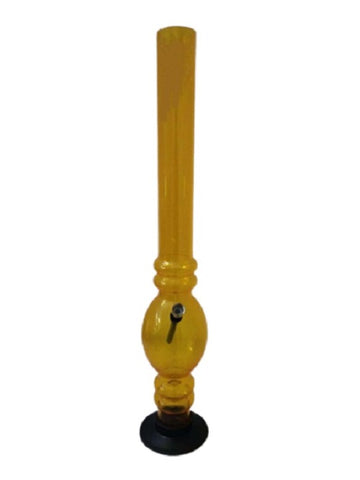 A transparent yellow acrylic waterpipe bong with a bowl for herbs, featuring a round base and a narrow neck, against a white background.