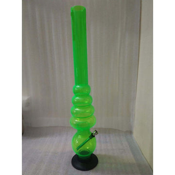 A tall, transparent green acrylic waterpipe bong with multiple bulbous sections and a solid black base.