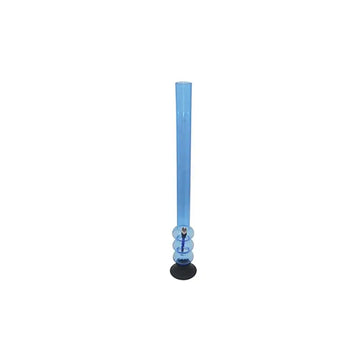 A 24 inch transparent sky blue acrylic smoking water pipe bong with three bubble chambers and a broad tube base.