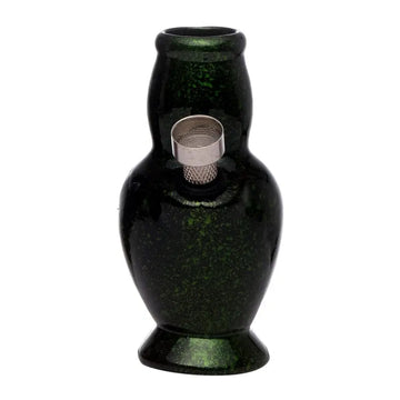 A 4 inch tall green ceramic water bong with a metal hookah attachment.