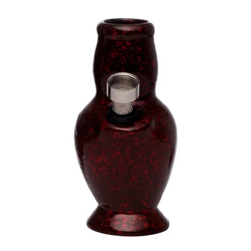 A 4 inch tall red ceramic water bong with a speckled pattern.
