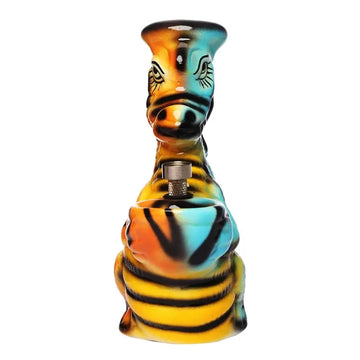 A multicolored ceramic water bong shaped like a kangaroo with a hookah attachment.