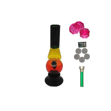 FLAP9 8 Inch Rasta Acrylic Bong Combo with Shooter, SS Screens & 2" Herb Grinder Moksha Bongs