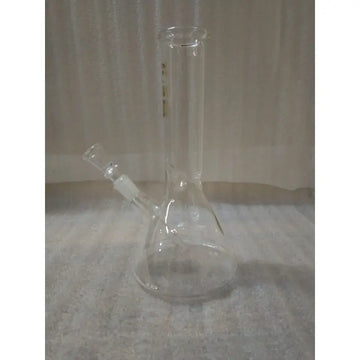 A 9 inch clear glass ice bong with a mushroom print and 420 gold text, featuring a bent neck and a circular base.