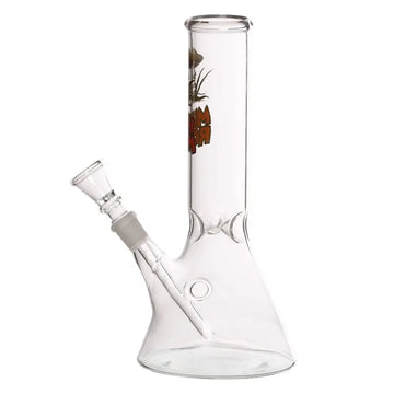A 9 inch clear glass ice bong with mushroom print and a bulbous base, featuring a glass mouthpiece and a water chamber.