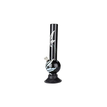 A 12 inch smoking bong with a opaque white leaf print on a black background, featuring a high gloss premium finish.