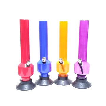 This image displays a collection of Moksha 12-inch acrylic smoking waterpipe bongs, available in assorted colors. These bongs, crafted from durable and lightweight acrylic that resembles glass, stand approximately 30 cm tall.