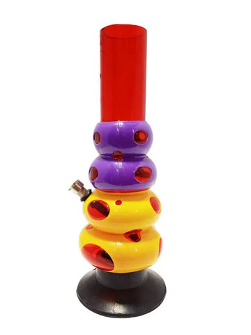 A transparent red acrylic water bong with multiple bulbous sections, featuring purple and yellow accents, and a black base.