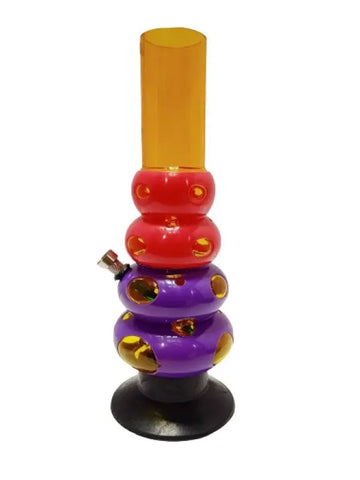 A colorful acrylic water bong with multiple bulbous sections in red, yellow, and purple, standing upright.