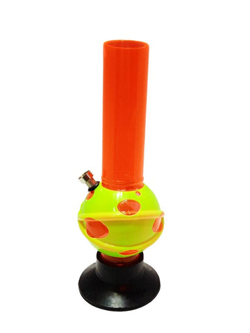 An acrylic water bong with a green base, orange tube, and black accents, against a white background.