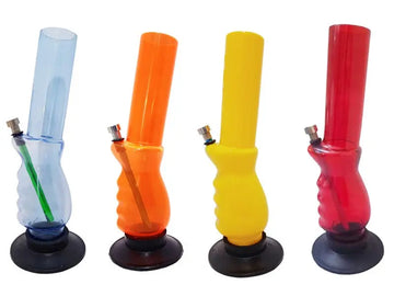 This image displays a collection of Moksha gripper acrylic smoking bongs and hookah water pipes. These bongs are crafted from durable, lightweight acrylic that resembles glass, offering both functional use and aesthetic appeal.