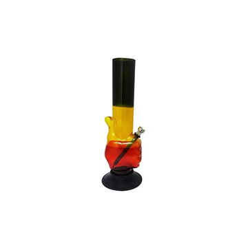 A 12 inch tall acrylic water bong with rasta color bands and a thumbs up design on the base.