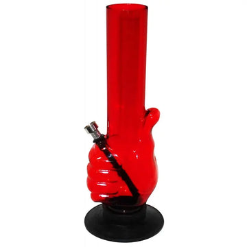 A 12 inch tall red acrylic water bong designed to resemble a hand holding a cigarette.