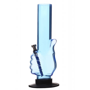 A 12 inch tall transparent sky blue acrylic water bong in the shape of a thumbs up gesture.