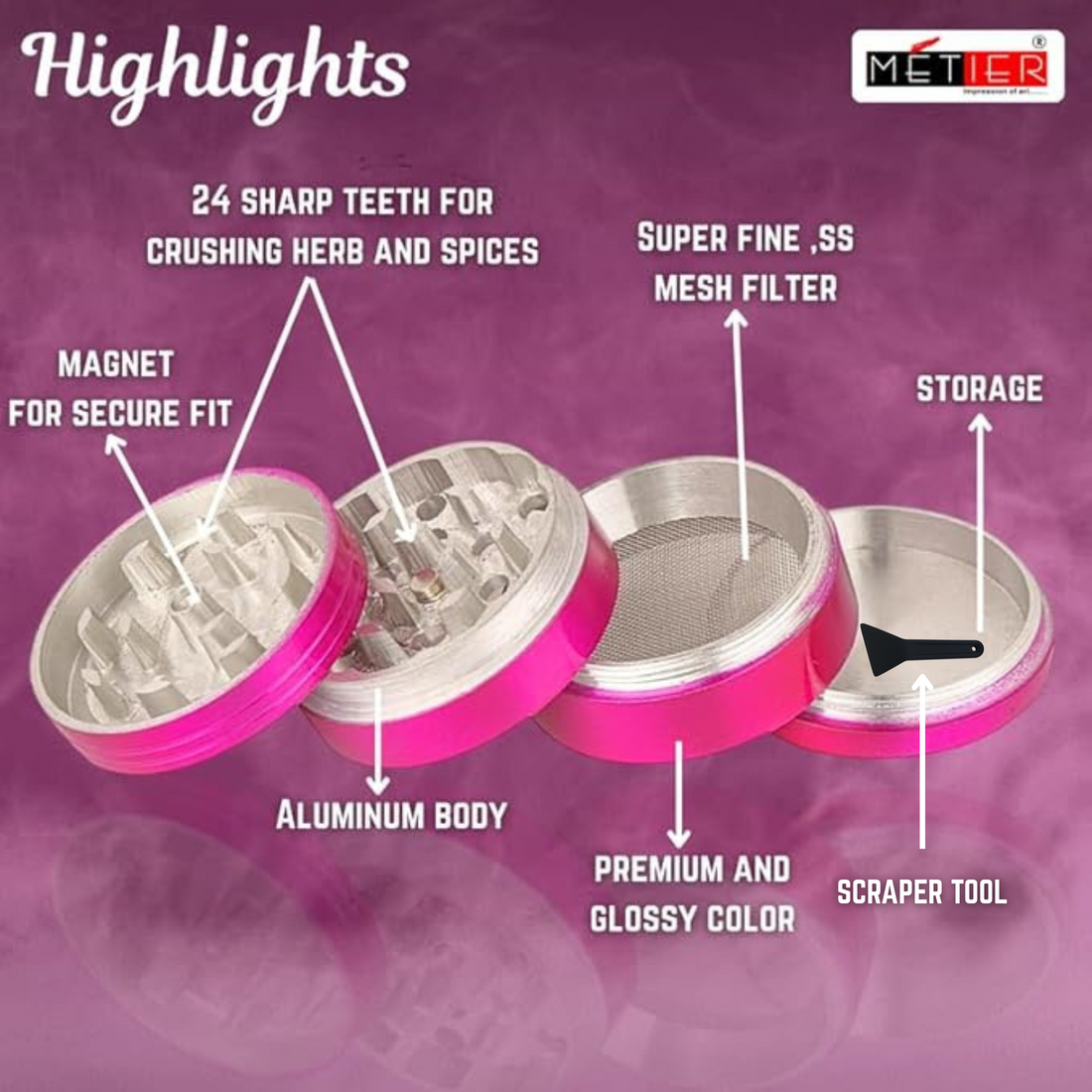 Moksha 42mm pink metal herb grinder