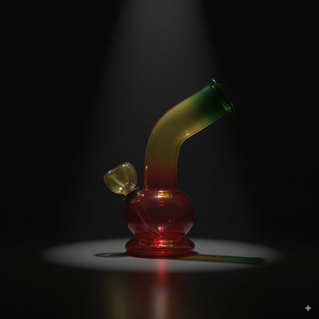 Glass smoking device with a gradient color on a dark background
6 Inch Rasta Glass Bong Online In India 