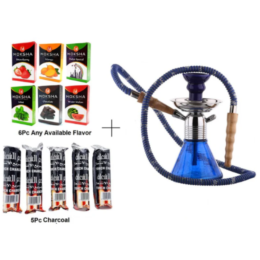 9 inch blue and silver glass hookah with ceramic bowl