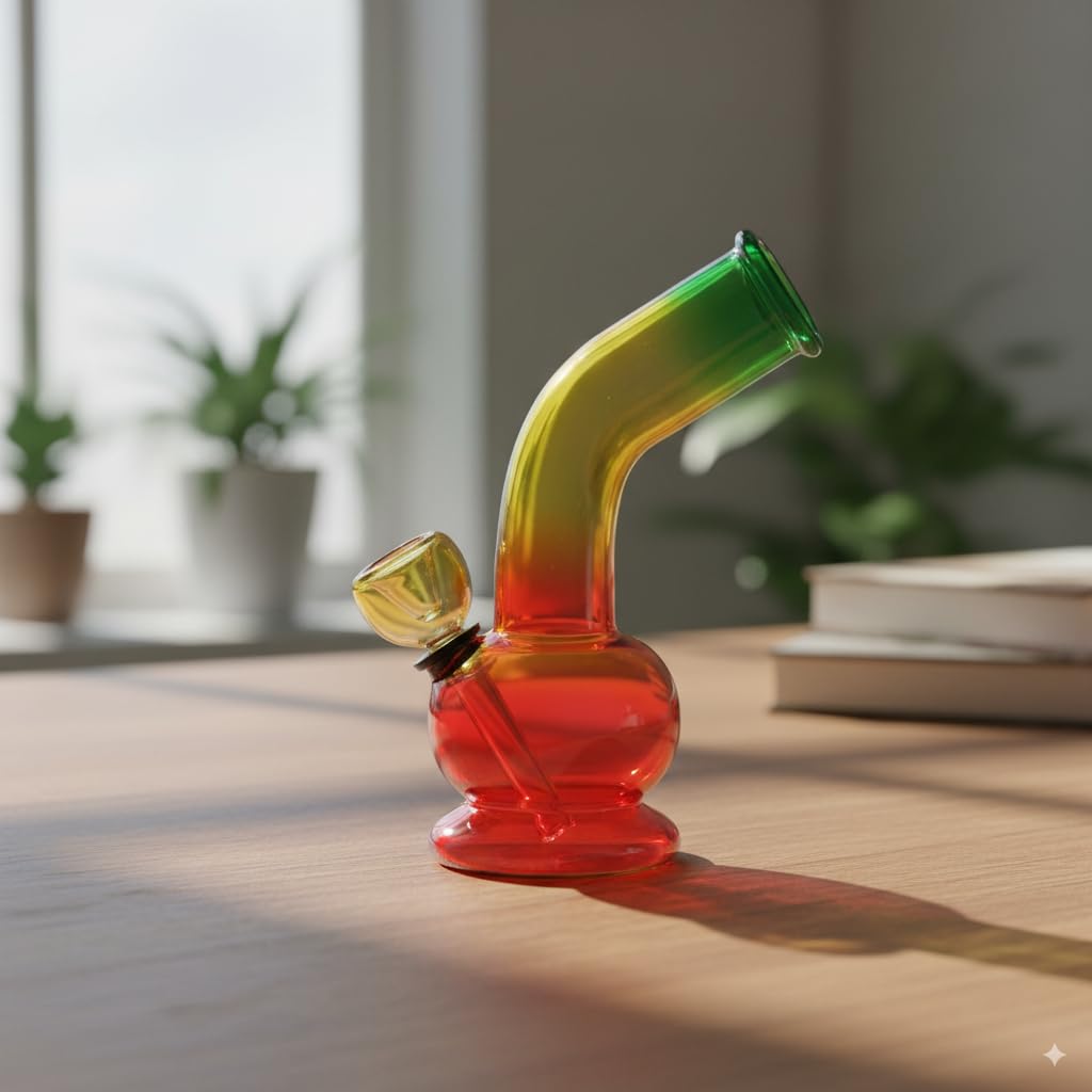 Colorful glass smoking device on a wooden surface with a blurred indoor background 6 Inch Rasta Glass Bong Online In India 