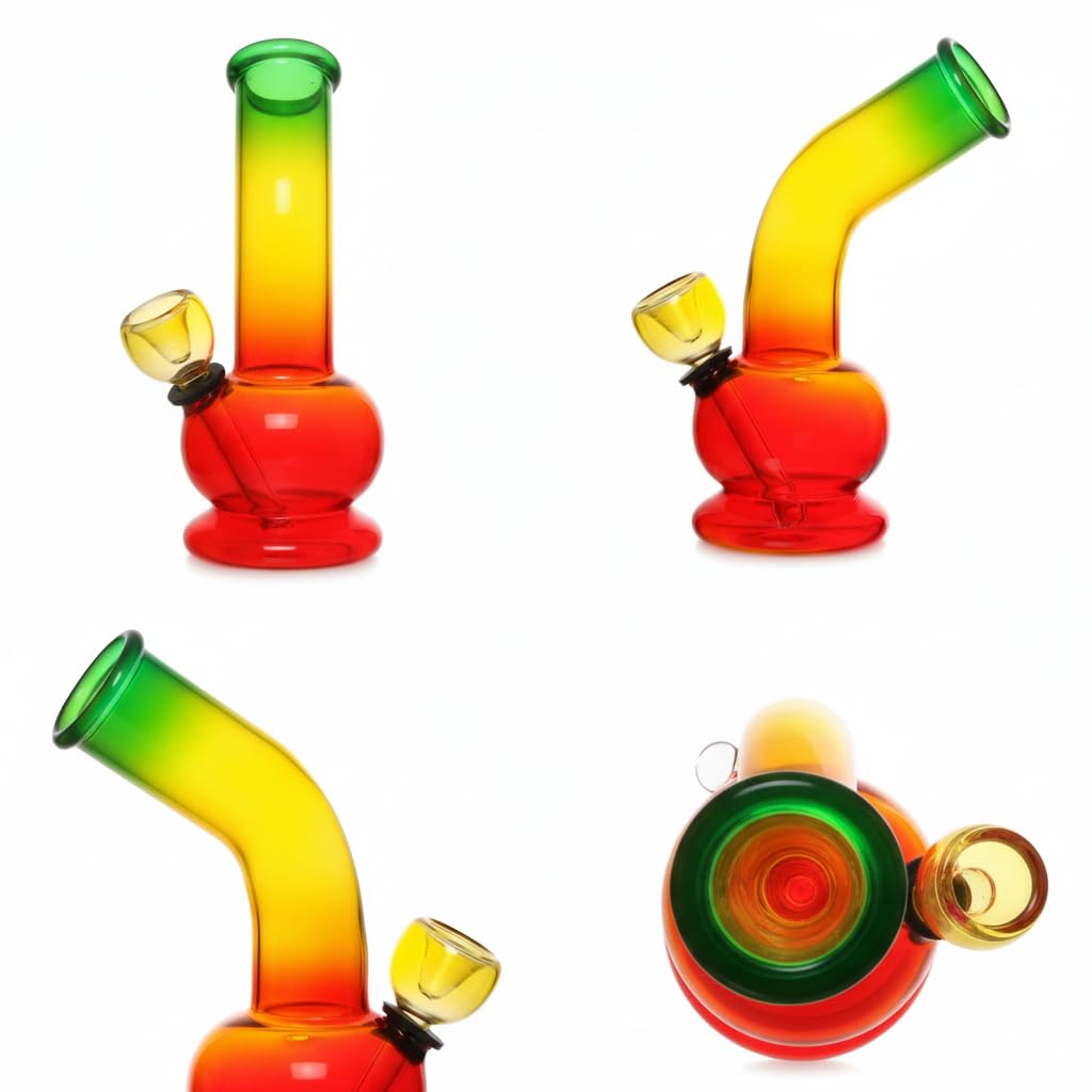 Four views of a glass smoking device with a rasta color scheme on a white background. 6 Inch Rasta Glass Bong Online In India 