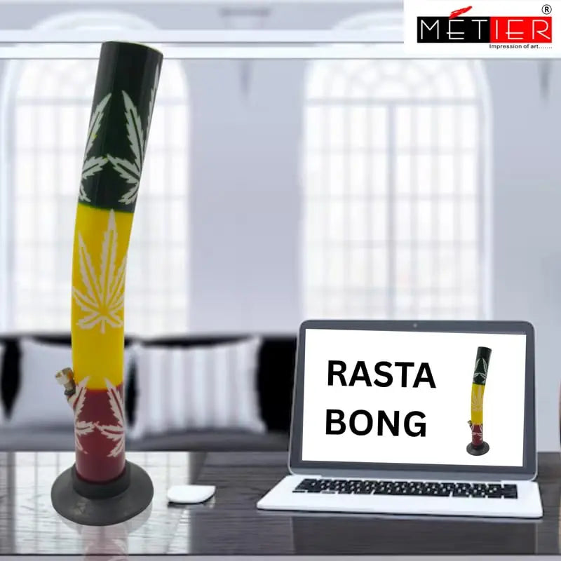 Métier 16-inch bend leaf printed acrylic waterpipe bong (40cm, rasta color) Moksha Bongs