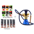 Moksha nicotine-free hookah combo with 6 flavors, 5 charcoals, and 9 inch glass hookah