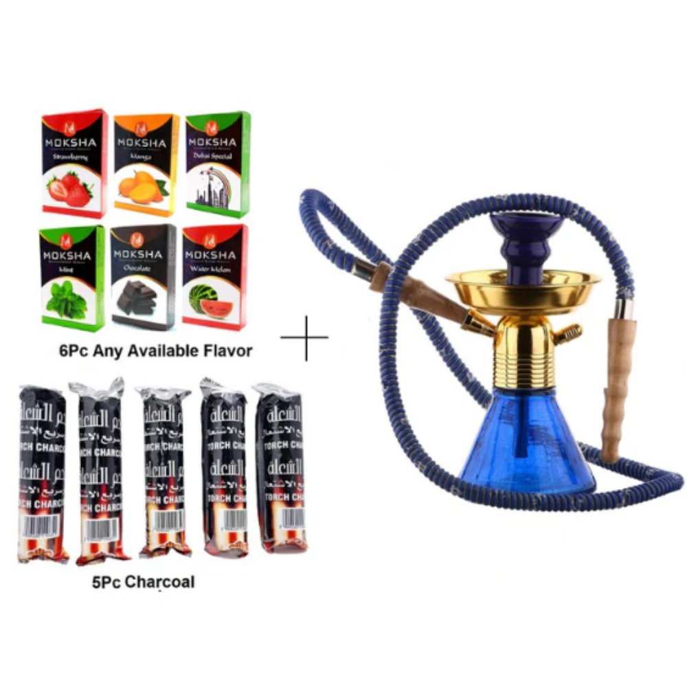 Moksha nicotine-free hookah combo with 6 flavors, 5 charcoals, and 9 inch glass hookah