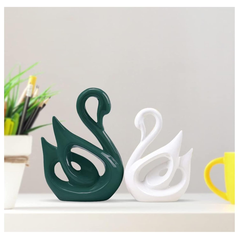 Green & White Lucky Swan Ceramic Figures - Set of 2 (18cm & 26cm) | Piano Finish for Office/Living Room Moksha Bongs