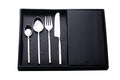 A 24-piece stainless steel cutlery set displayed in an open black box, including dinner spoons, dinner forks, dinner knives, and teaspoons.
