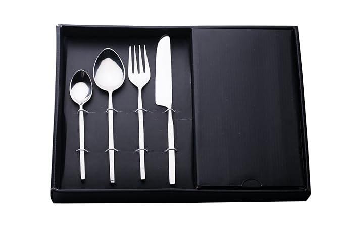 A 24-piece stainless steel cutlery set displayed in an open black box, including dinner spoons, dinner forks, dinner knives, and teaspoons.