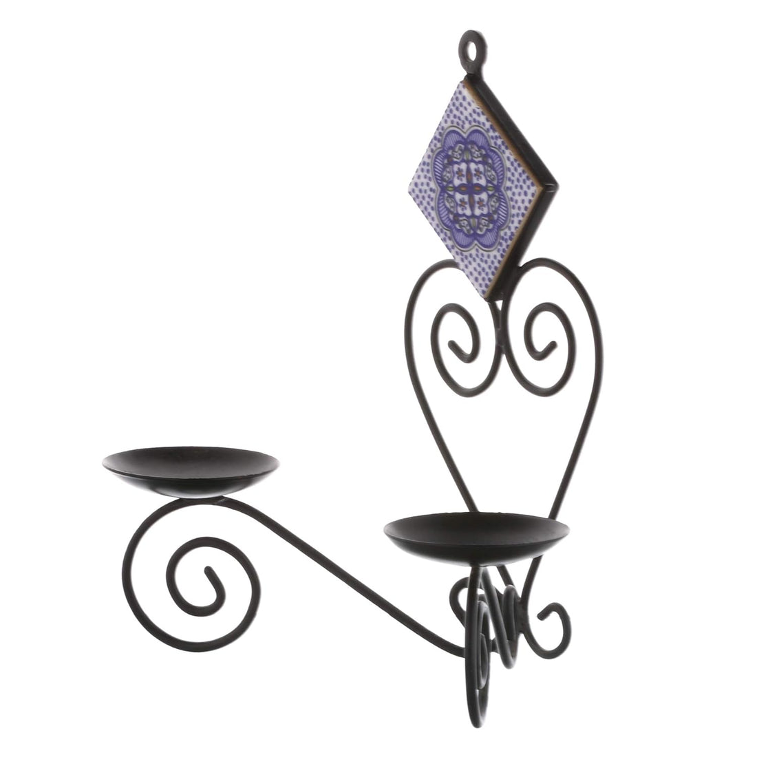 metier black iron candle holder with floral tile