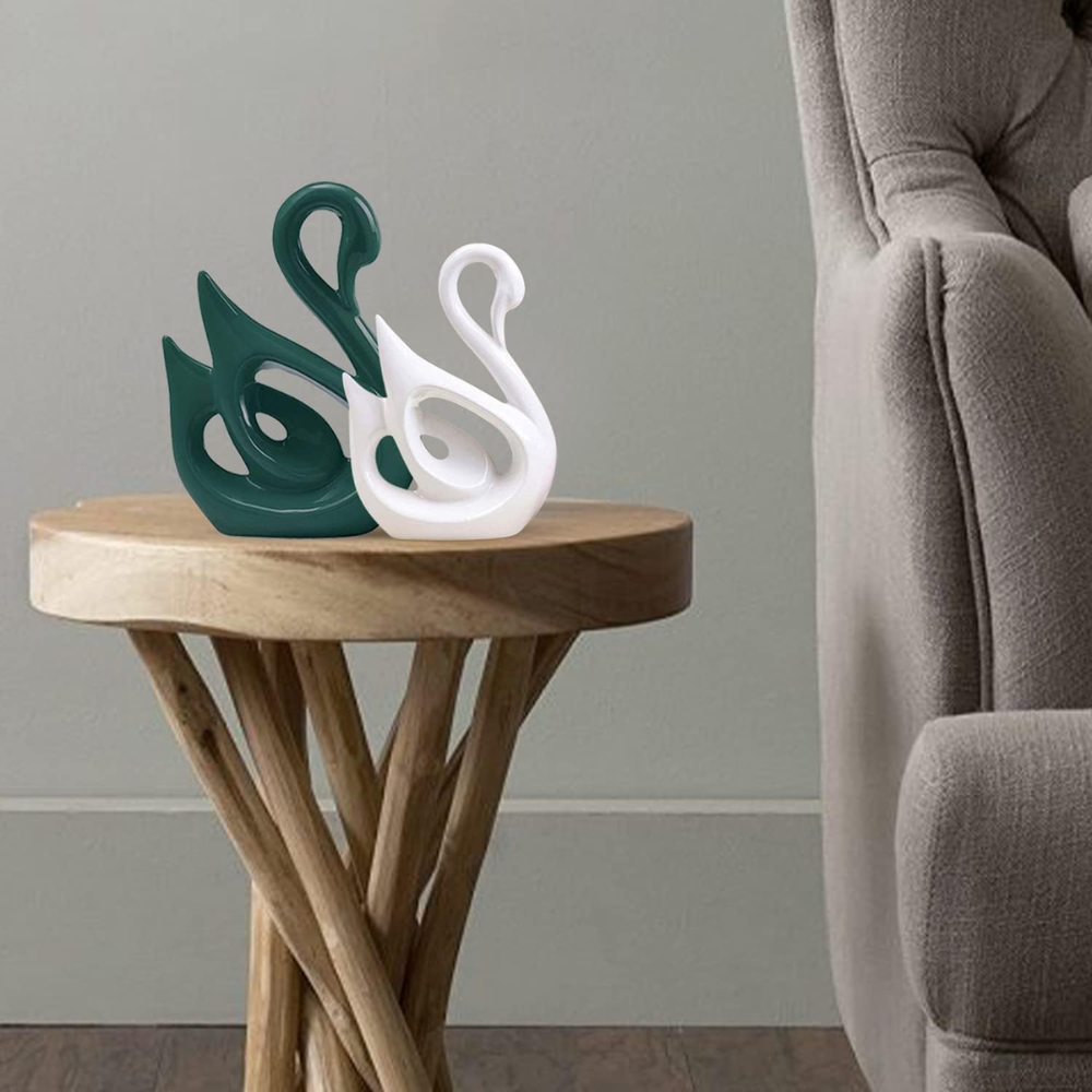 Green & White Lucky Swan Ceramic Figures - Set of 2 (18cm & 26cm) | Piano Finish for Office/Living Room Moksha Bongs