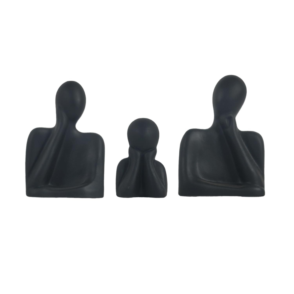 Family Couple Black Ceramic Figurine Set | Abstract Sculpture | Set of 3 (7.5cm, 11.5cm, 13cm) for Home & Office Moksha Bongs