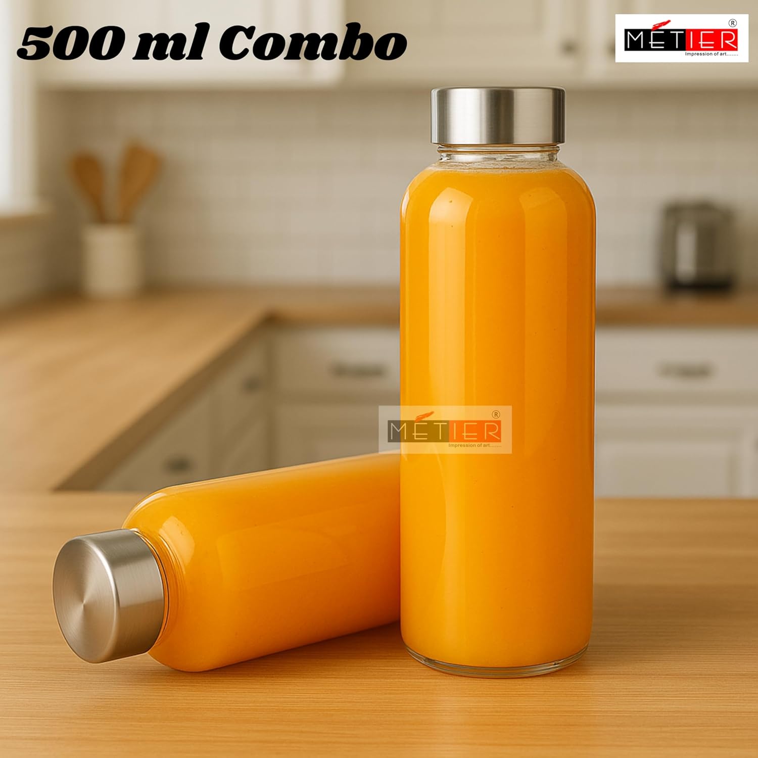 METIER 500ml Borosilicate Glass Water Bottle – Pack of 2, Leak-Proof FLAP9