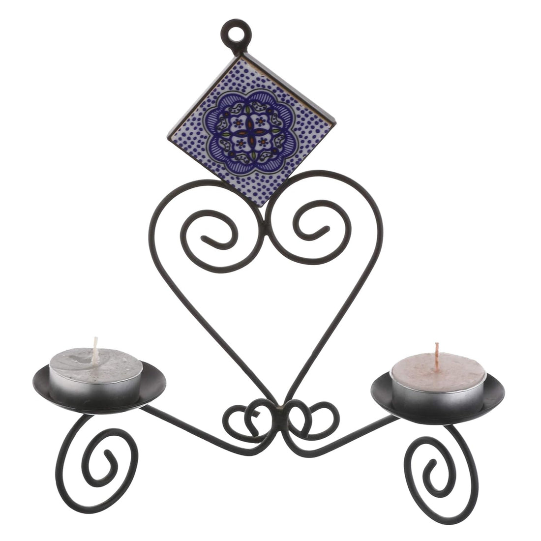 metier black iron candle holder with floral tile