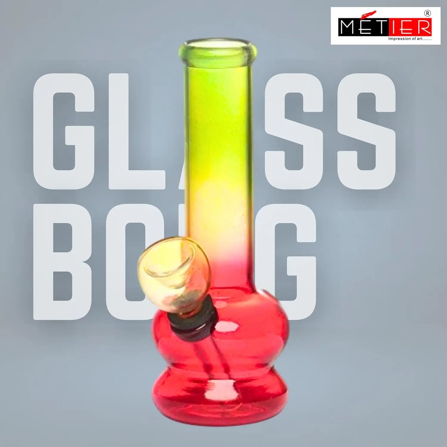 Colorful glass bong with 'GLASS BONG' text and Metier logo on a gray background