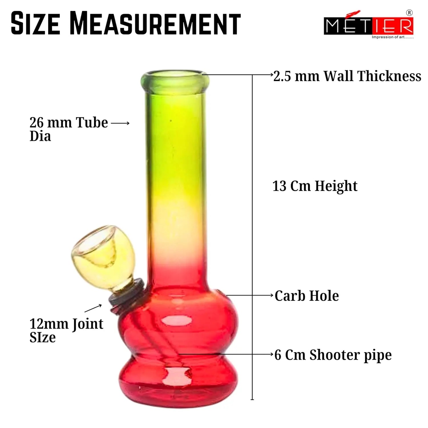 Glass smoking device with size measurement details on a white background
