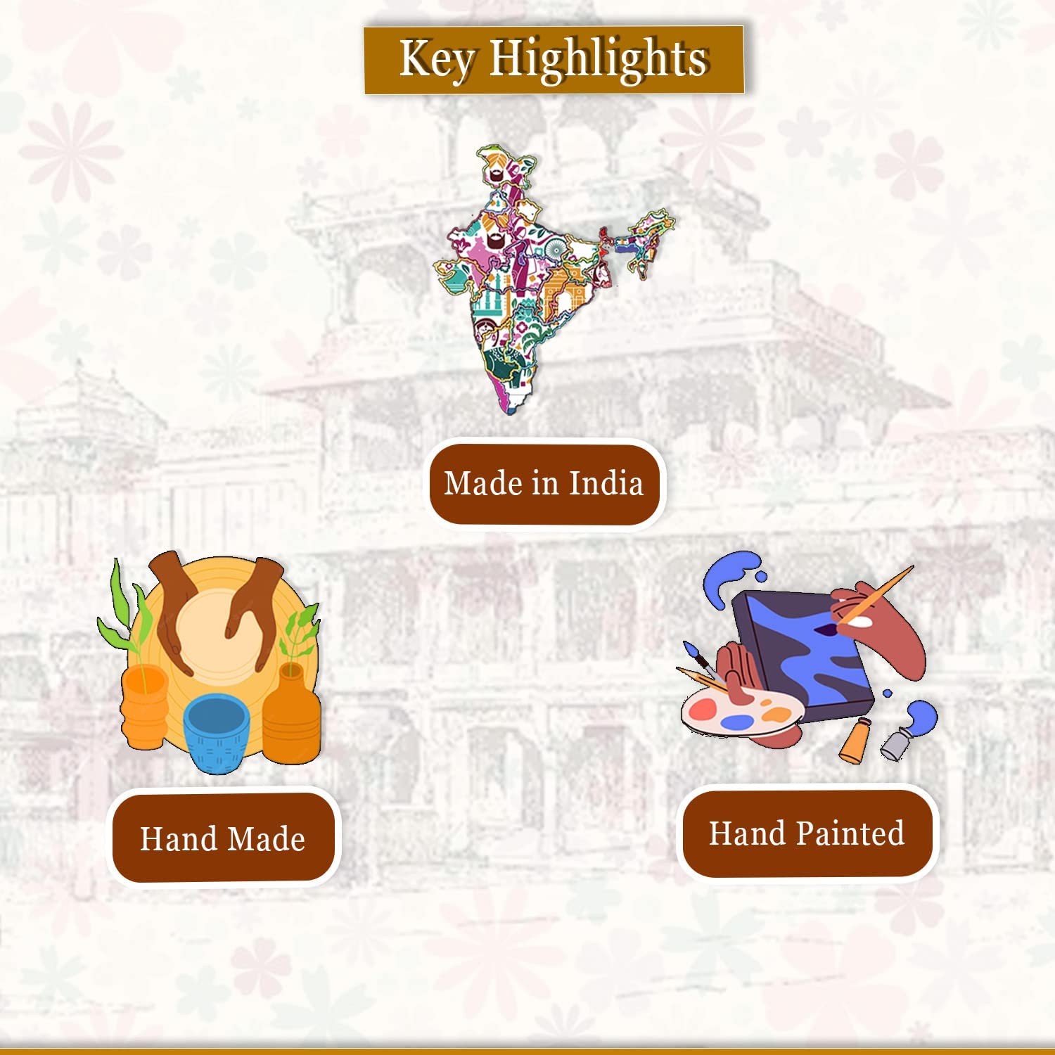 Map of India with decorative elements and text highlighting 'Made in India', 'Hand Made', and 'Hand Painted' on a light background.