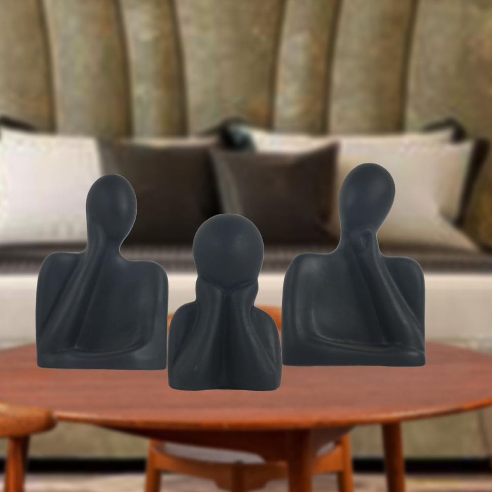 Family Couple Black Ceramic Figurine Set | Abstract Sculpture | Set of 3 (7.5cm, 11.5cm, 13cm) for Home & Office Moksha Bongs