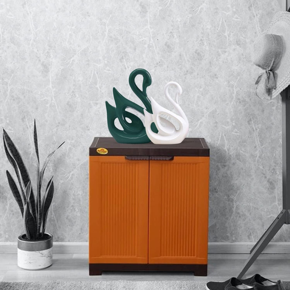 Green & White Lucky Swan Ceramic Figures - Set of 2 (18cm & 26cm) | Piano Finish for Office/Living Room Moksha Bongs