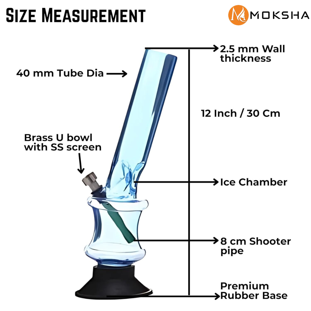 Measurement chart of a glass smoking device with labeled parts and specifications.