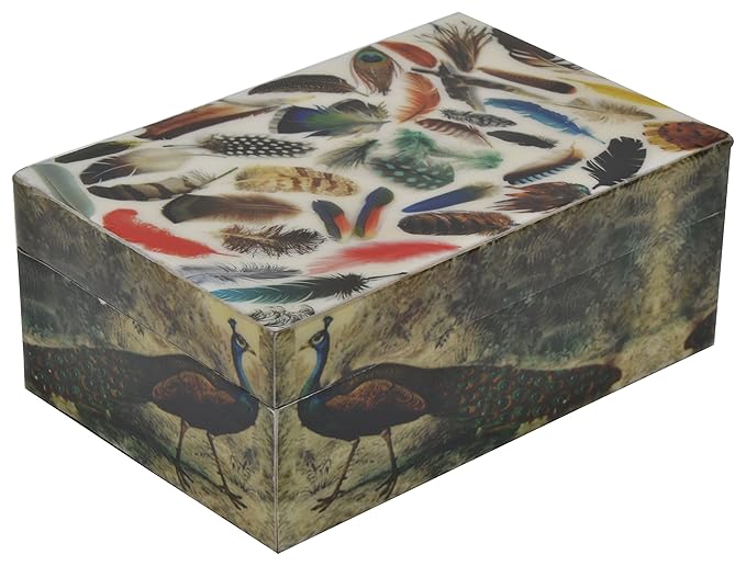 A wooden storage box with a multicolor epoxy finish featuring patterns and designs.