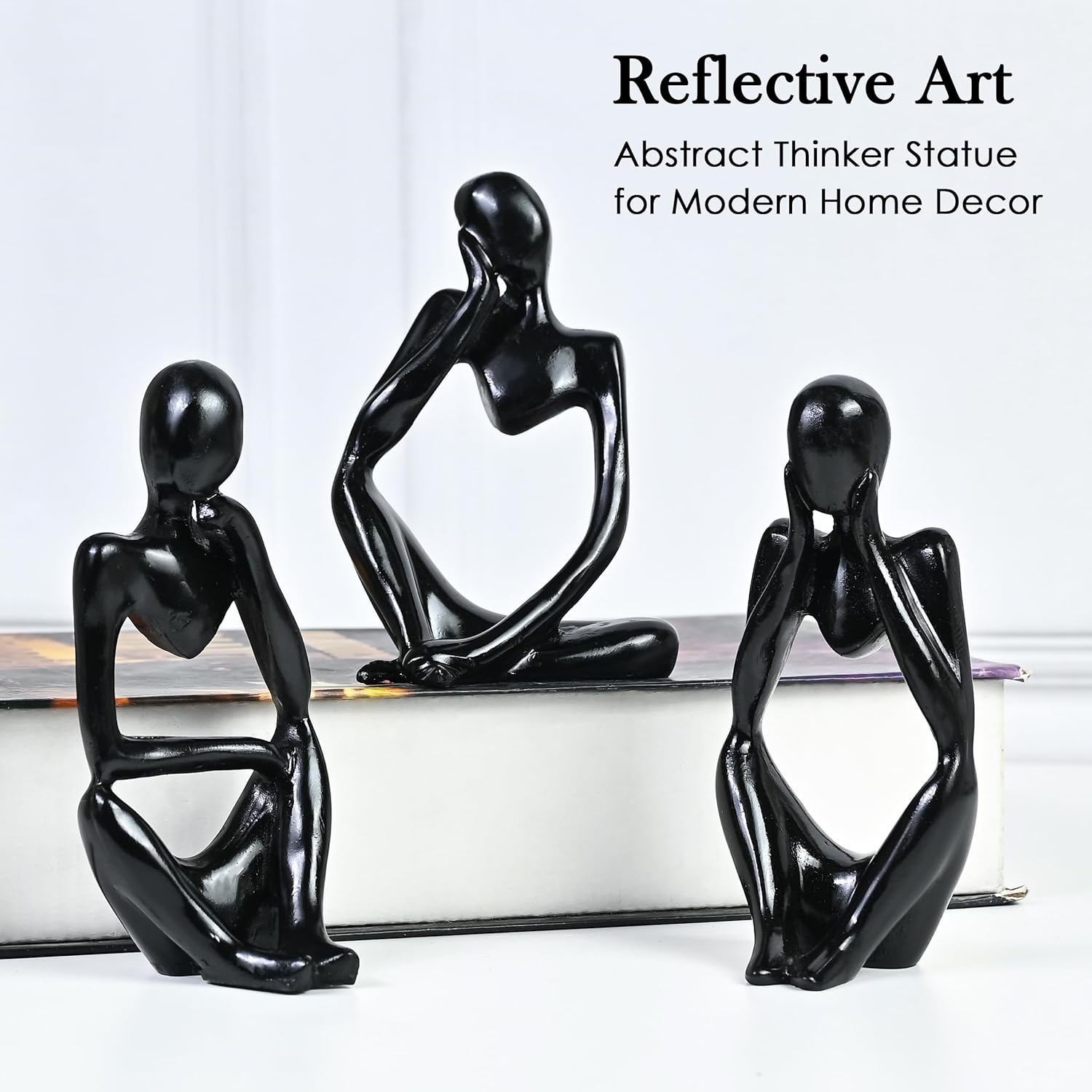 Modern Art Thinker Set of 3 - Black Premium Décor for Living Room & Office - FLAP9
