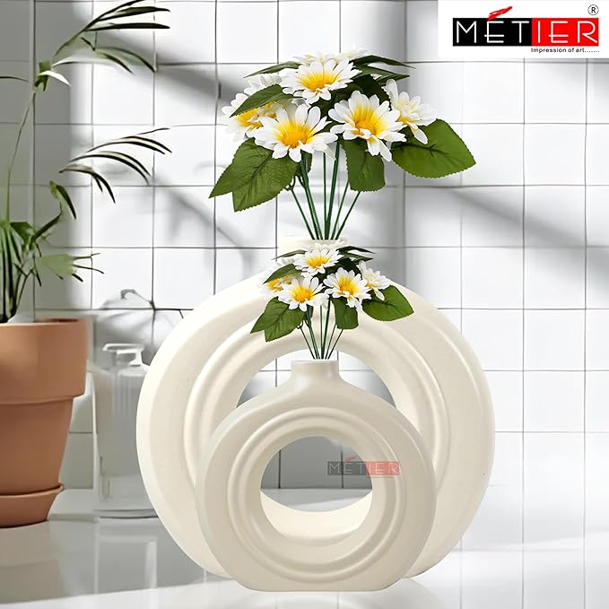 Flap9 White Ceramic Donut Vase – Modern Round Vase for Home & Office Decor