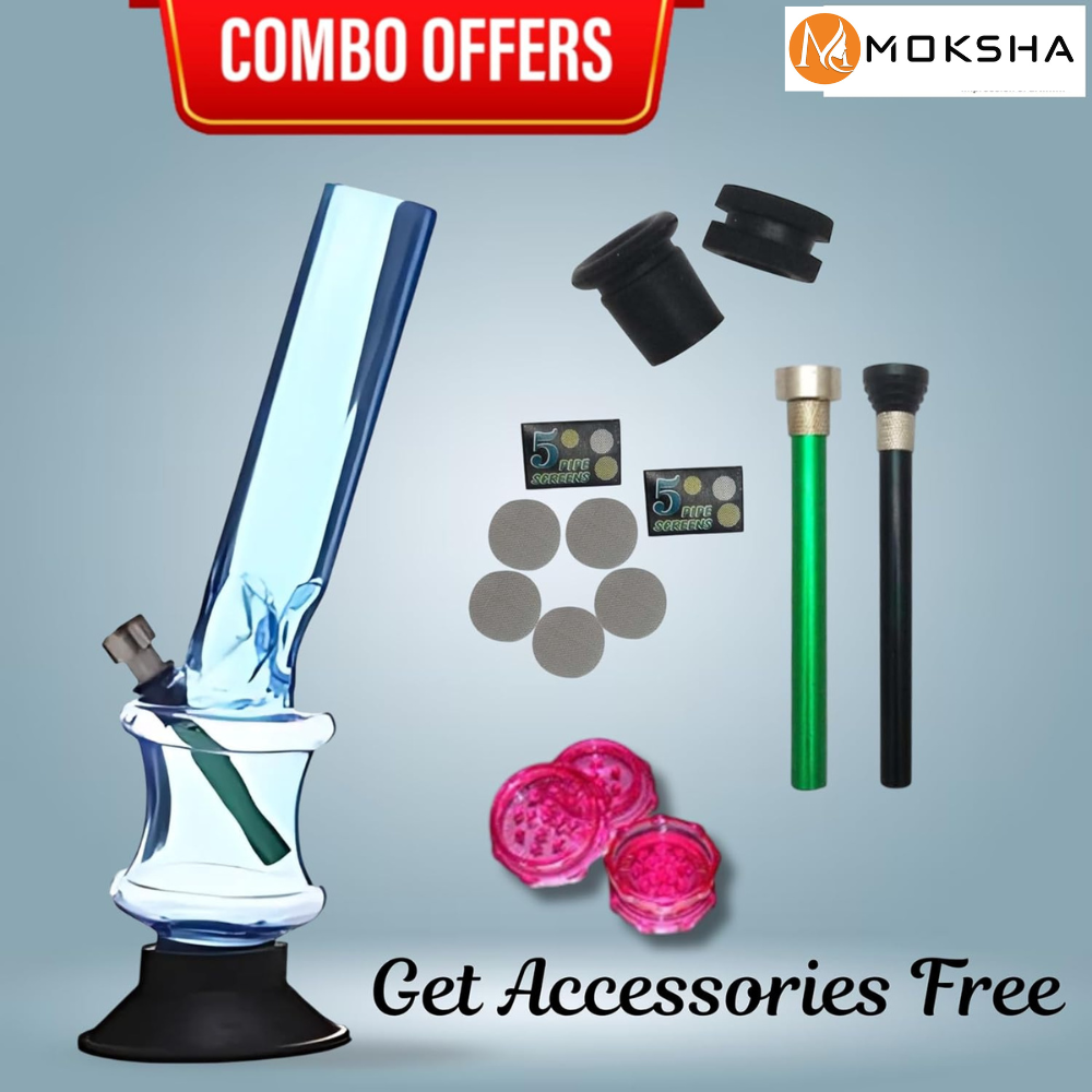 Glass smoking device with accessories on a gray background, featuring Moksha brand.